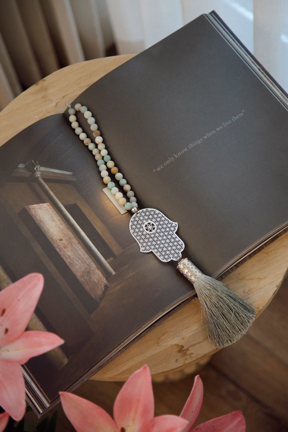 Flower of Life Silver Hamsa Wall Hanging with Amazonite Gemstones - Stylish Luck Home Decor | Hamsa \ Hand Of Fatima | Good Luck Gifts