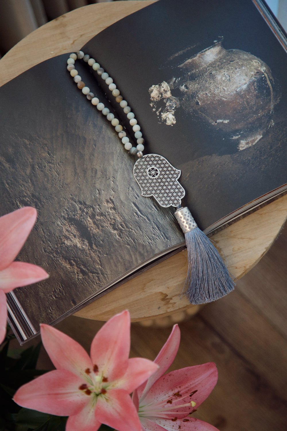 Flower of Life Silver Hamsa Wall Hanging with Amazonite Gemstones - Stylish Luck Home Decor | Hamsa \ Hand Of Fatima | Good Luck Gifts