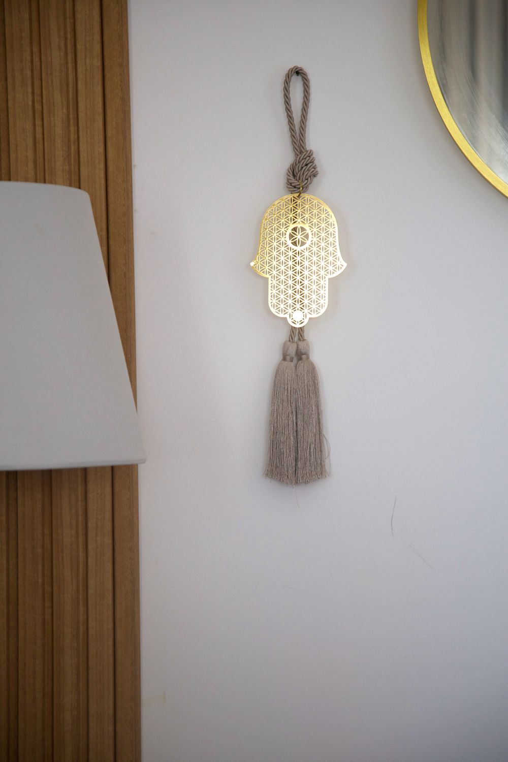Gold Hamsa Wall Hanging with Flower of Life Pattern with Taupe Silk Tassel - Stylish Luck Home Decor | Hamsa \ Hand Of Fatima | Good Luck Gifts