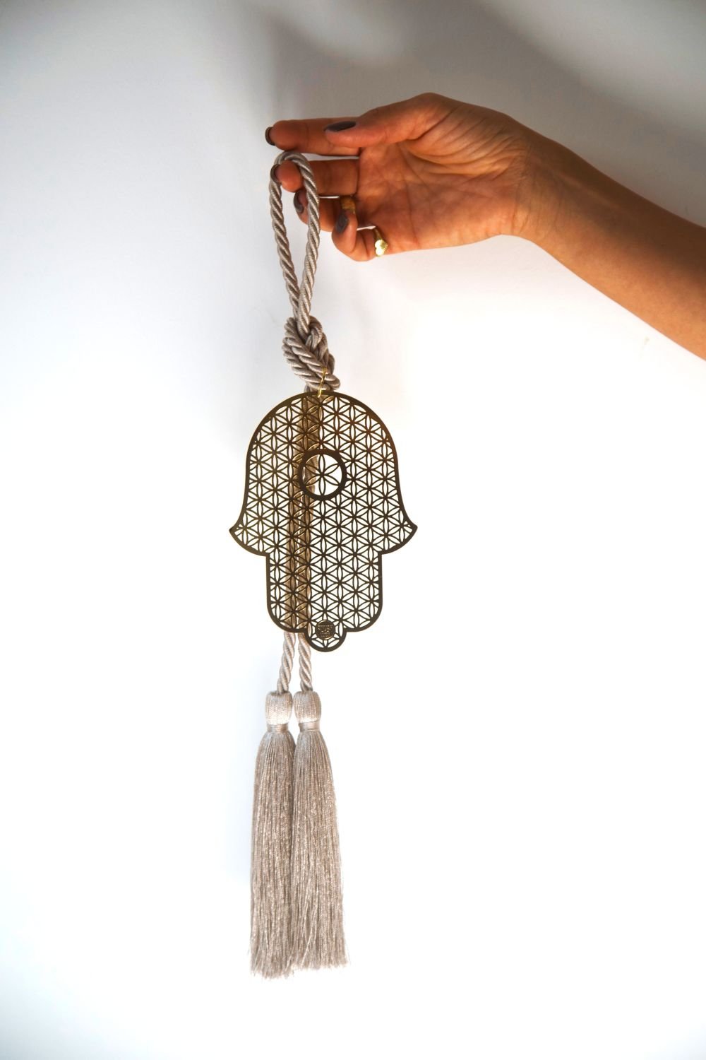Gold Hamsa Wall Hanging with Flower of Life Pattern with Taupe Silk Tassel - Stylish Luck Home Decor | Hamsa \ Hand Of Fatima | Good Luck Gifts