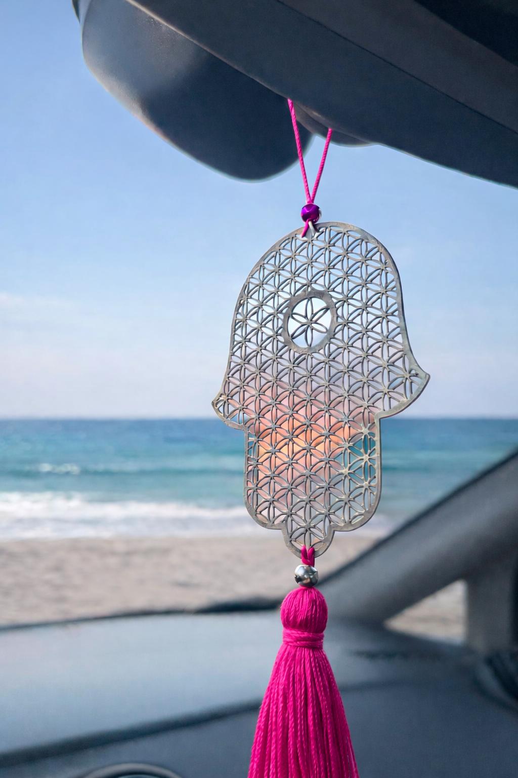 Hamsa metal Car Charm with Turquoise Tassel - Stylish Luck Home Decor | Hamsa \ Hand Of Fatima | Good Luck Gifts
