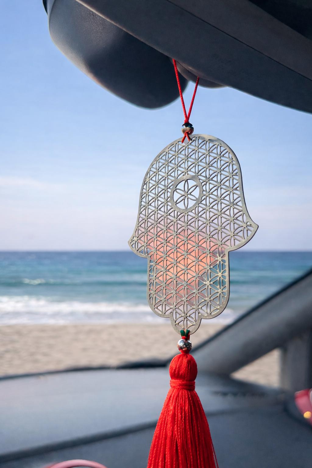 Hamsa metal Car Charm with Turquoise Tassel - Stylish Luck Home Decor | Hamsa \ Hand Of Fatima | Good Luck Gifts