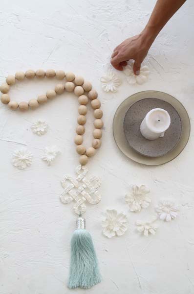 Boho home jewelry wood beads strung with silver plated endless love knot. - stylish luck home decore