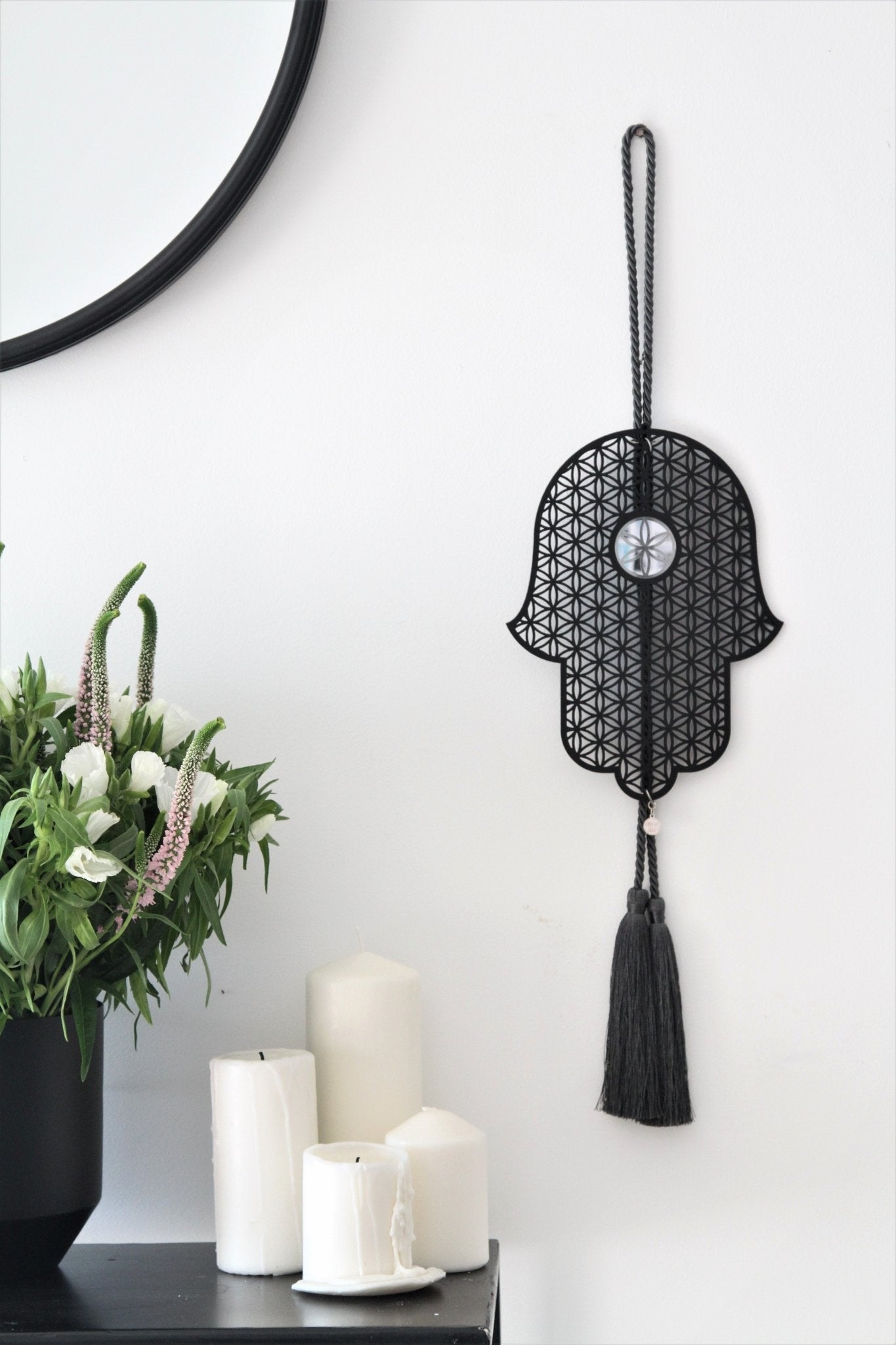 Large Home Blessing Hamsa - black acrylic Hand of fatima with the flower of life element - stylish luck home decore