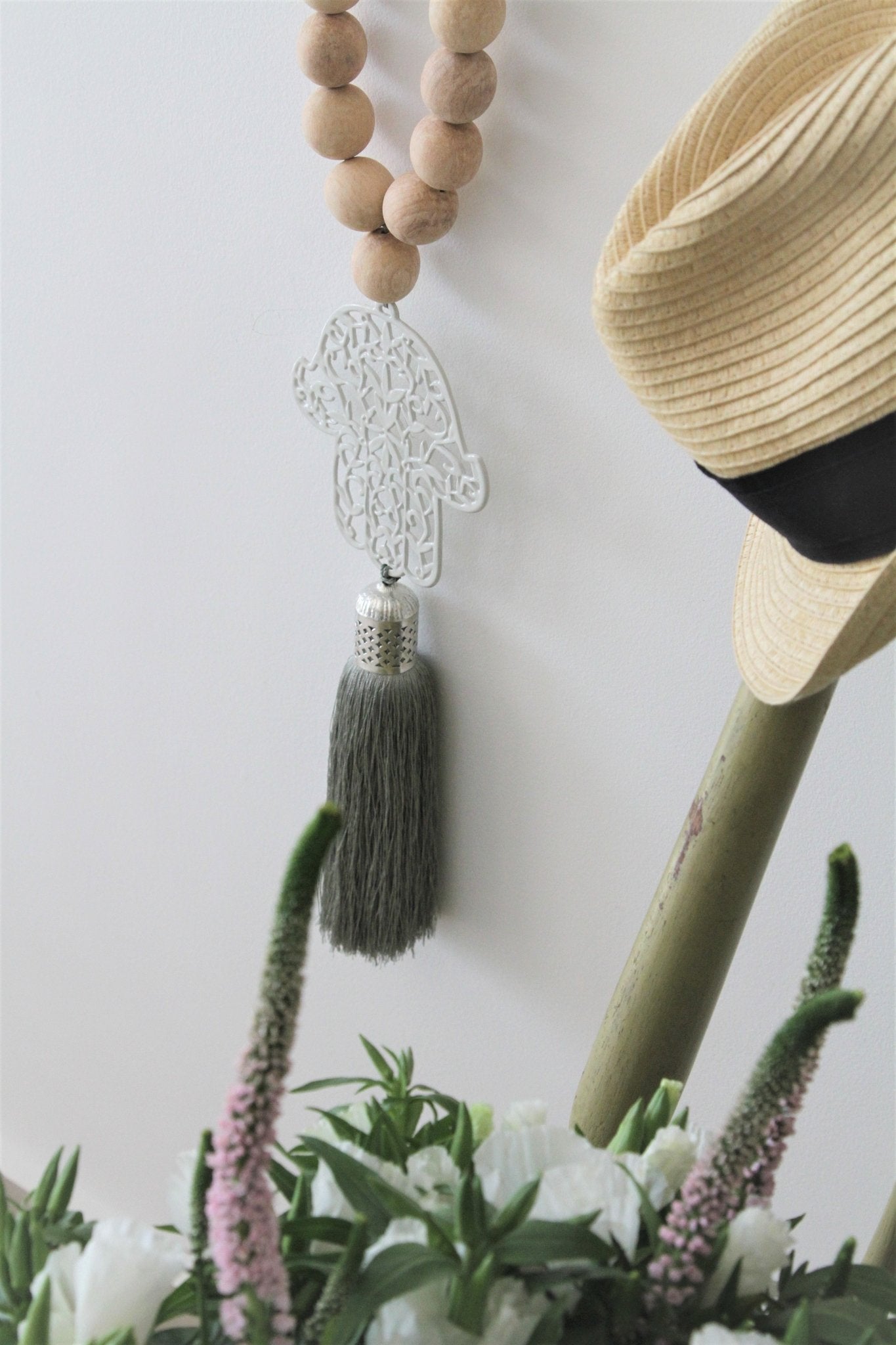 Boho hamsa wood beads strung with white cream Hamsa with sage green tassel - stylish-luck-home-decore