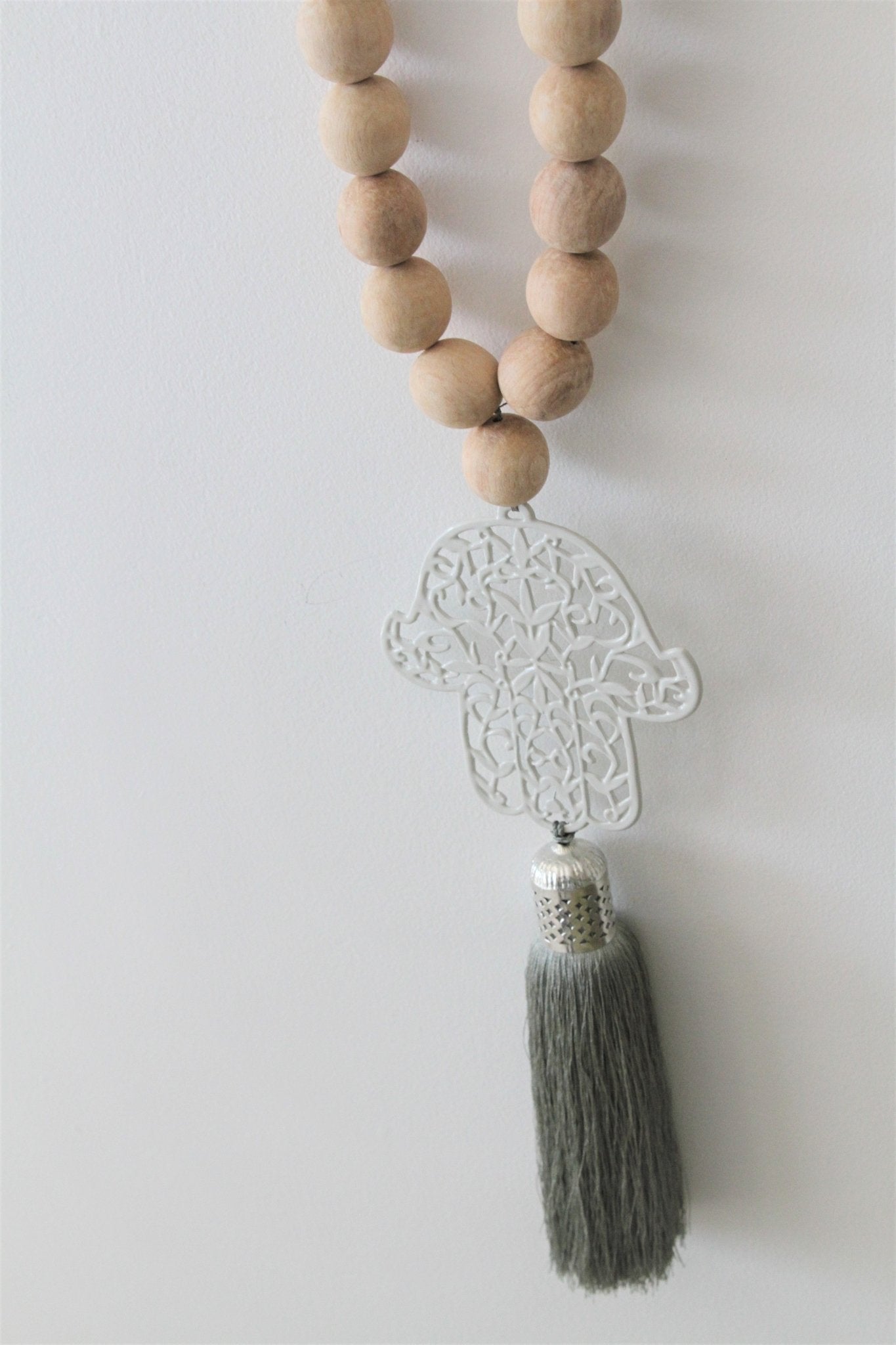 Boho hamsa wood beads strung with white cream Hamsa with sage green tassel - stylish-luck-home-decore