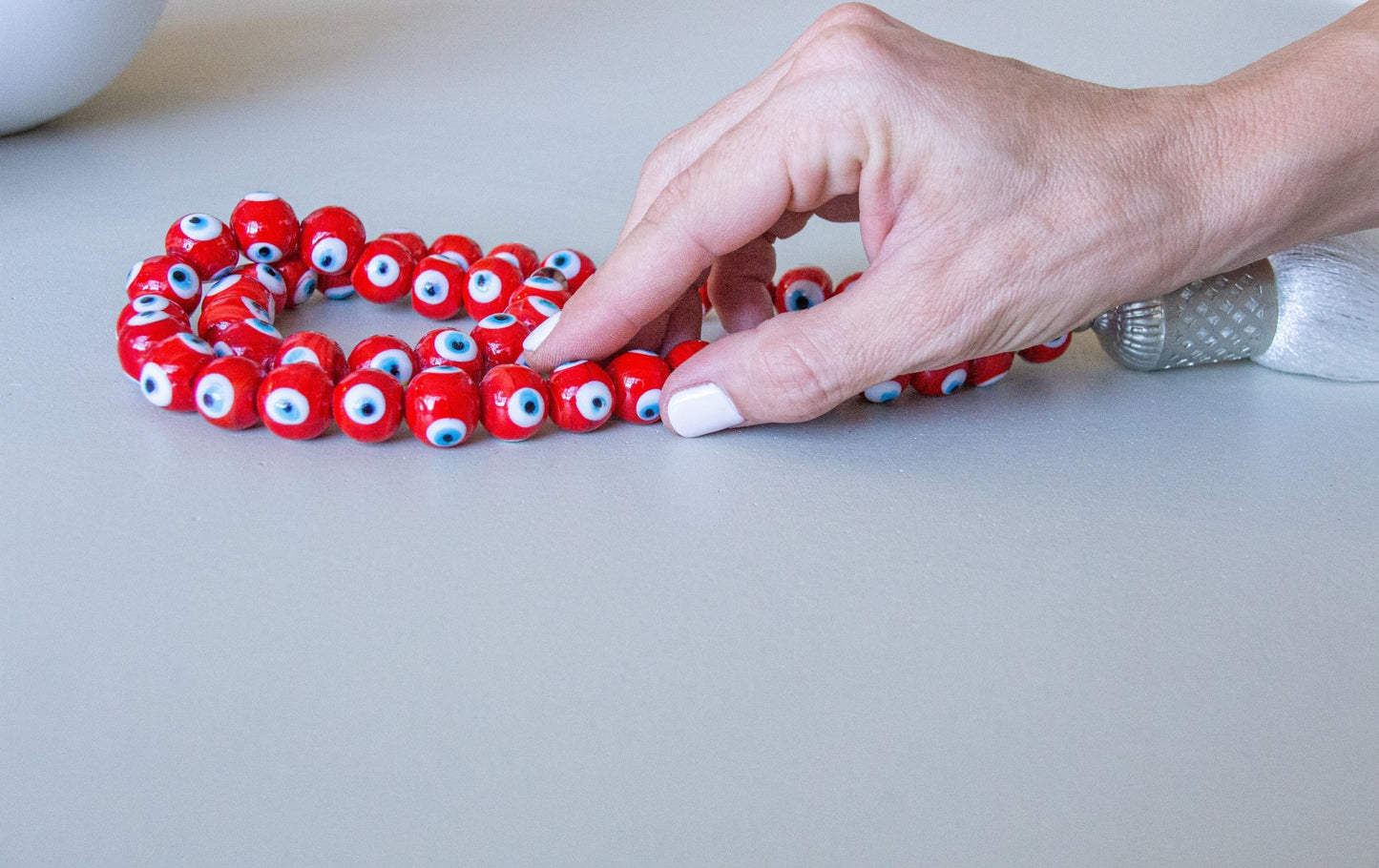 Evil eye glass beads home decor necklace with white silk tassel - Red - Stylish Luck Home Decor | Hamsa \ Hand Of Fatima | Good Luck Gifts