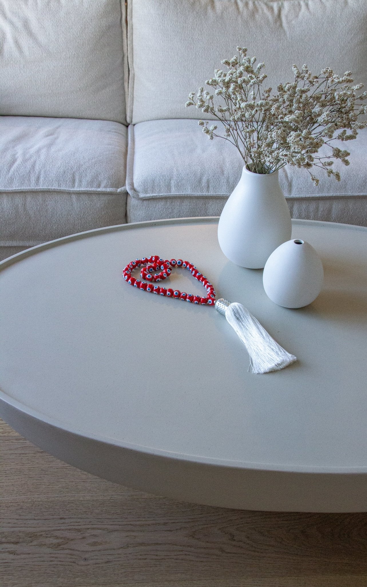 Evil eye glass beads home decor necklace with white silk tassel - Red - Stylish Luck Home Decor | Hamsa \ Hand Of Fatima | Good Luck Gifts