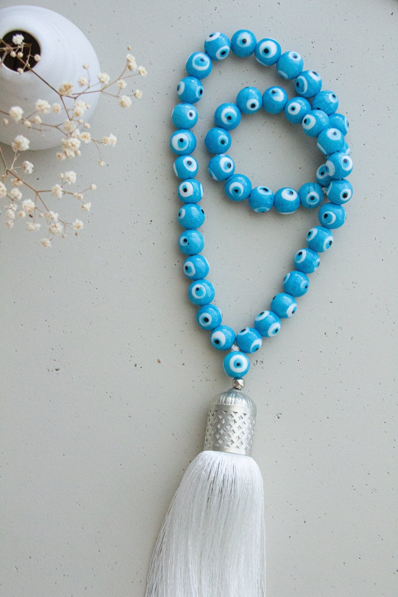 Evil eye glass beads home decor necklace with white silk tassel - Turquoise - Stylish Luck Home Decor | Hamsa \ Hand Of Fatima | Good Luck Gifts