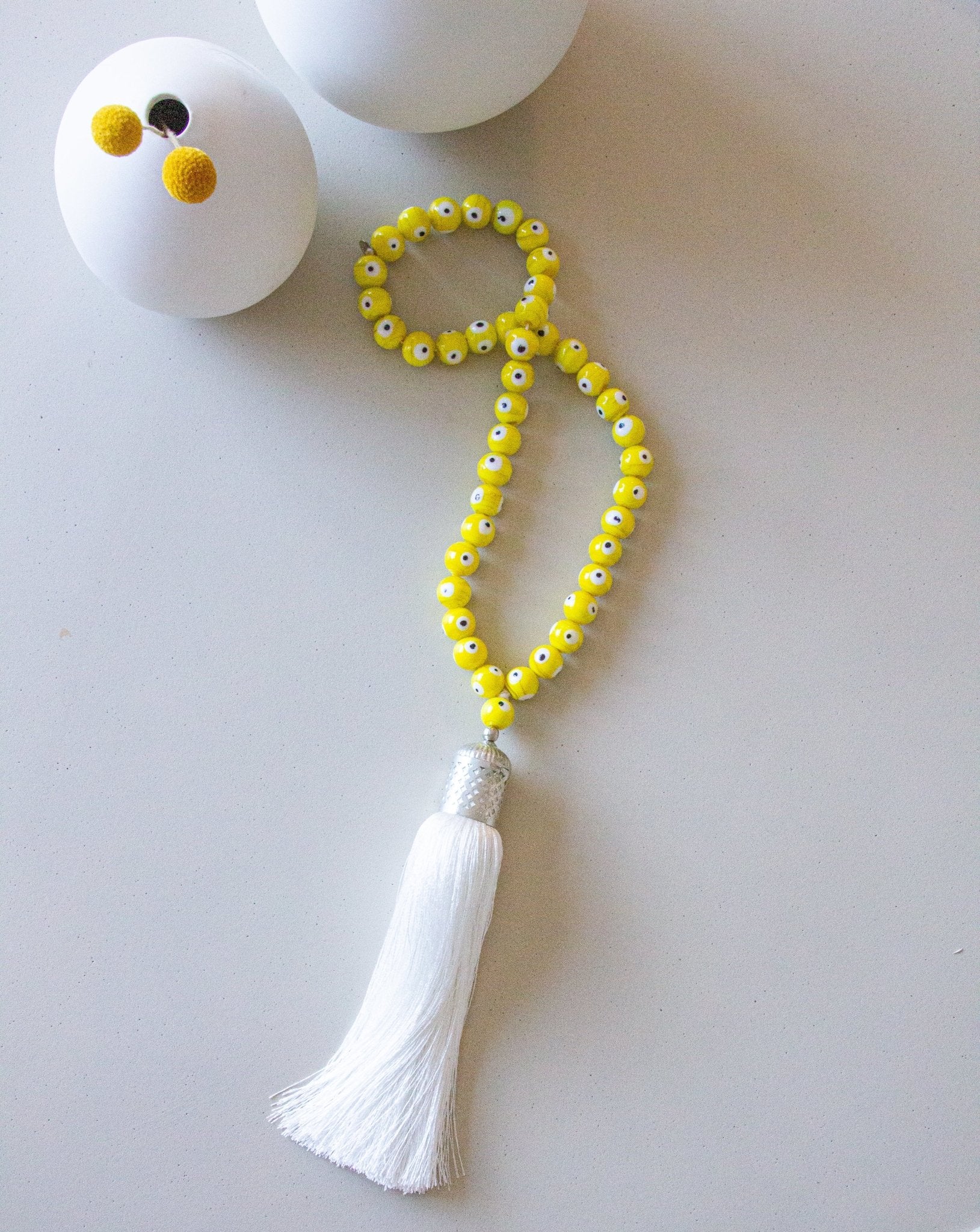 Evil eye glass beads home decor necklace with white silk tassel - Yell –  Stylish Luck Home Decor, Hamsa \ Hand Of Fatima