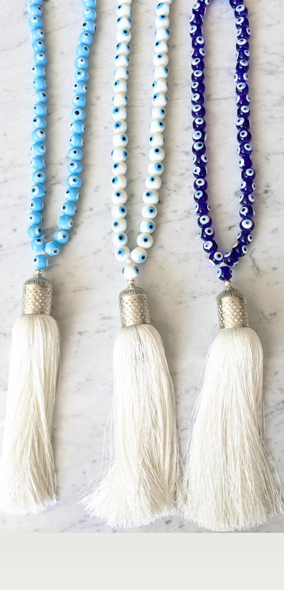 Evil eye glass beads home decor necklace with white silk tassel - White - stylish luck home decor