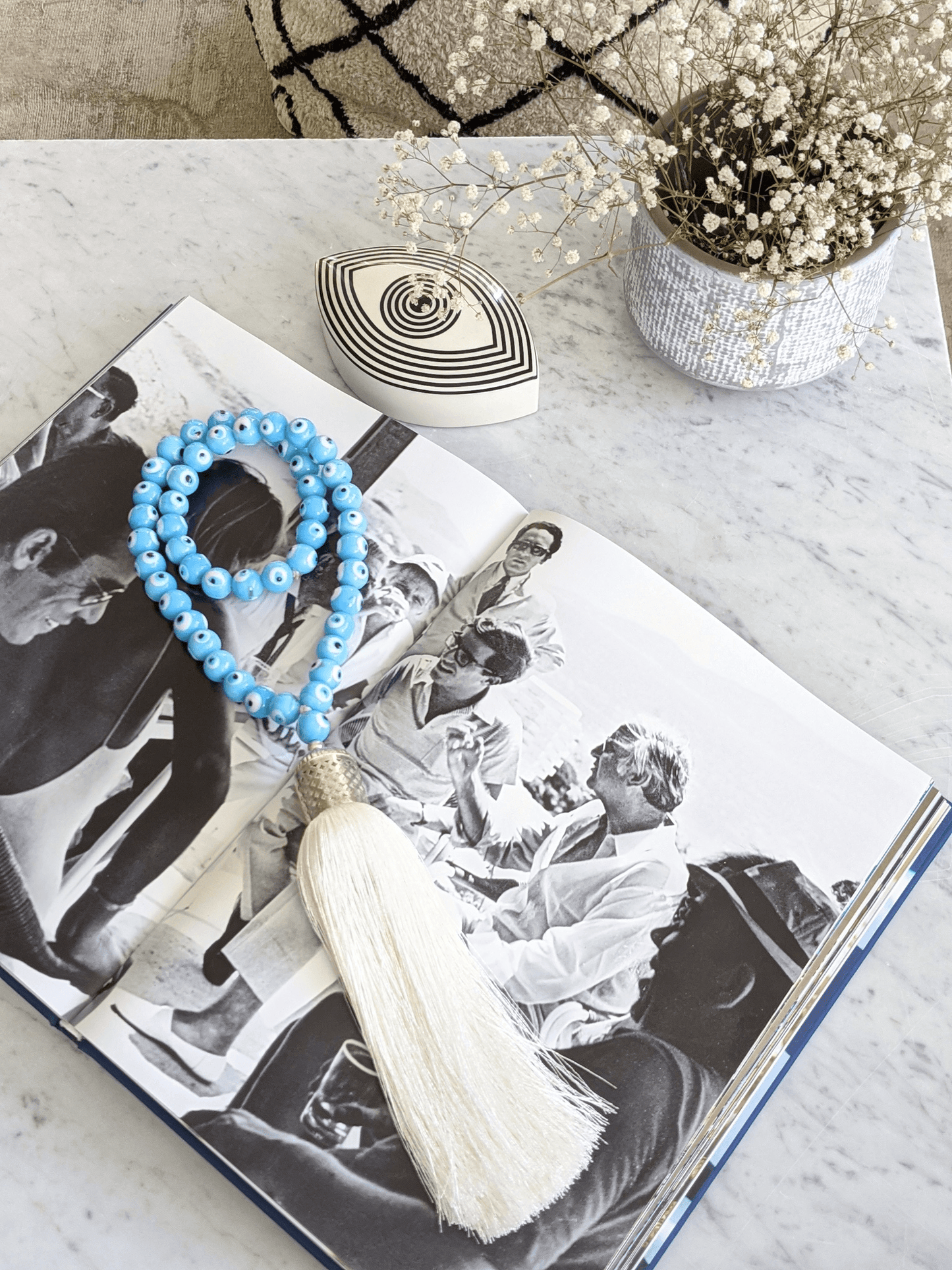 Evil eye glass beads home decor necklace with white silk tassel - Turquoise - stylish luck home decor