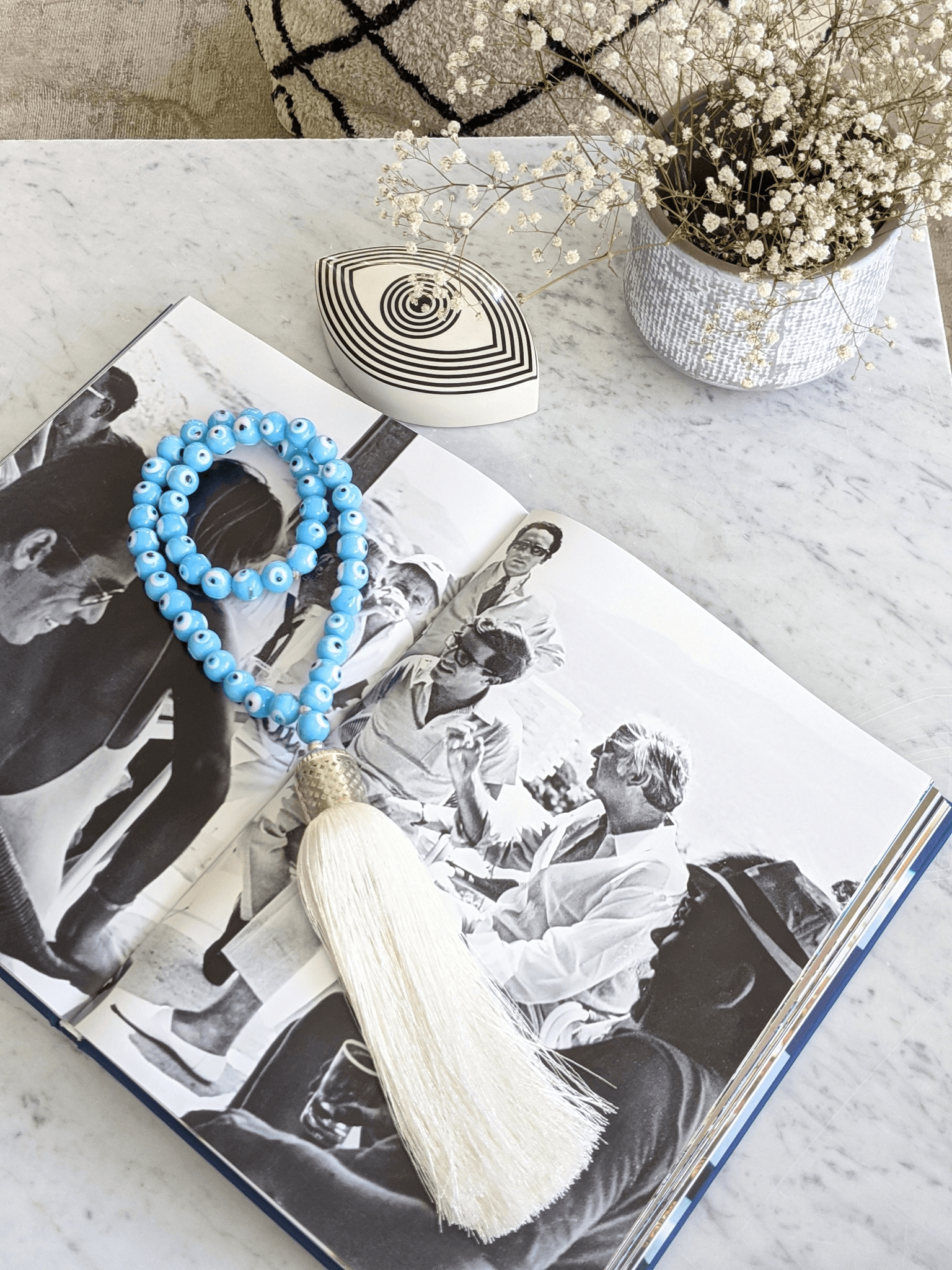 Evil eye glass beads home decor necklace with white silk tassel - Turquoise - stylish luck home decor