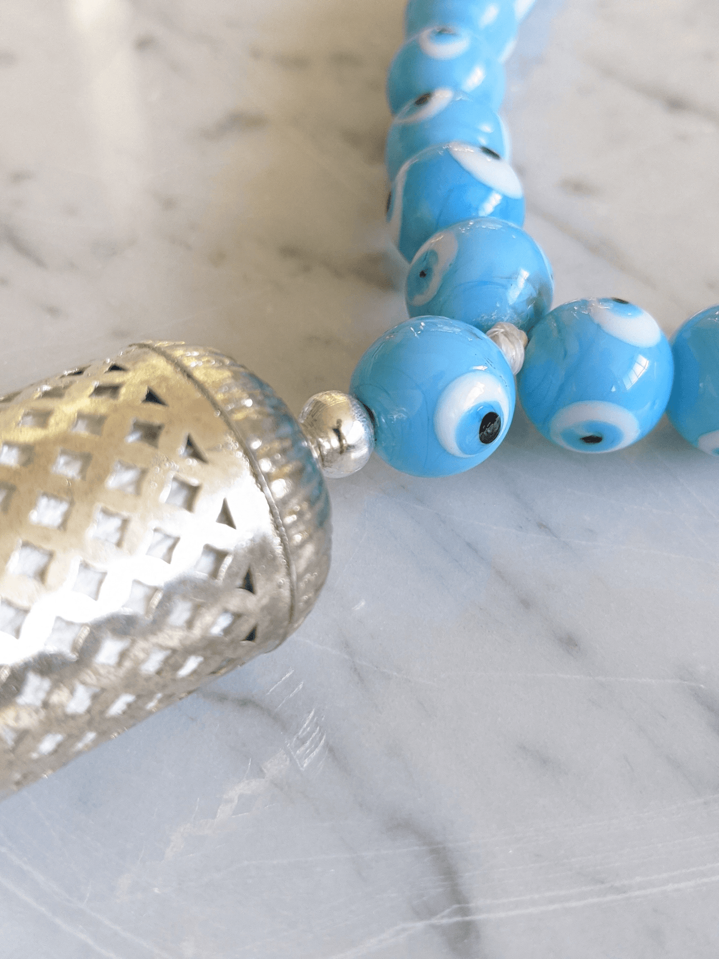 Evil eye glass beads home decor necklace with white silk tassel - Turquoise - stylish luck home decor