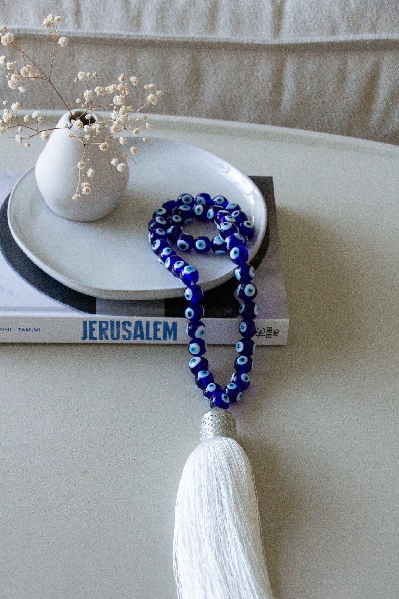 Evil eye Royal blue glass beads home decor necklace with white silk tassel - Stylish Luck Home Decor | Hamsa \ Hand Of Fatima | Good Luck Gifts