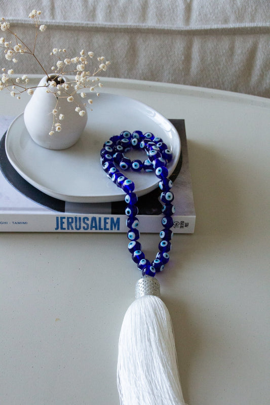 Evil eye Royal blue glass beads home decor necklace with white silk tassel - Stylish Luck Home Decor | Hamsa \ Hand Of Fatima | Good Luck Gifts