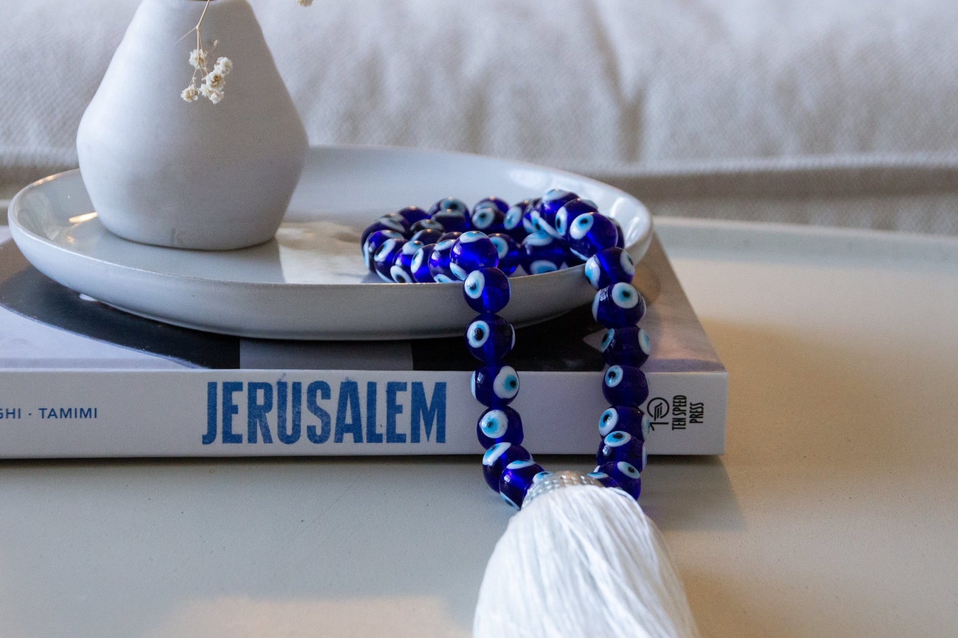 Evil eye Royal blue glass beads home decor necklace with white silk tassel - Stylish Luck Home Decor | Hamsa \ Hand Of Fatima | Good Luck Gifts