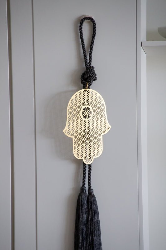 Flower of life gold plated hanging Hamsa with silk tassel - Stylish Luck Home Decor | Hamsa \ Hand Of Fatima | Good Luck Gifts