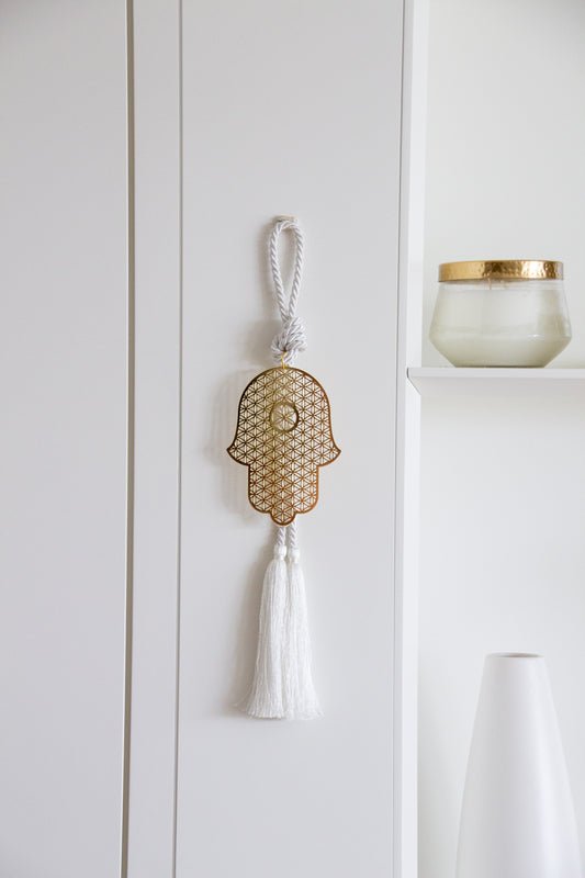 Flower of life gold plated hanging Hamsa with silk tassel - Stylish Luck Home Decor | Hamsa \ Hand Of Fatima | Good Luck Gifts