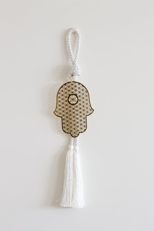 Flower of life gold plated hanging Hamsa with silk tassel - Stylish Luck Home Decor | Hamsa \ Hand Of Fatima | Good Luck Gifts