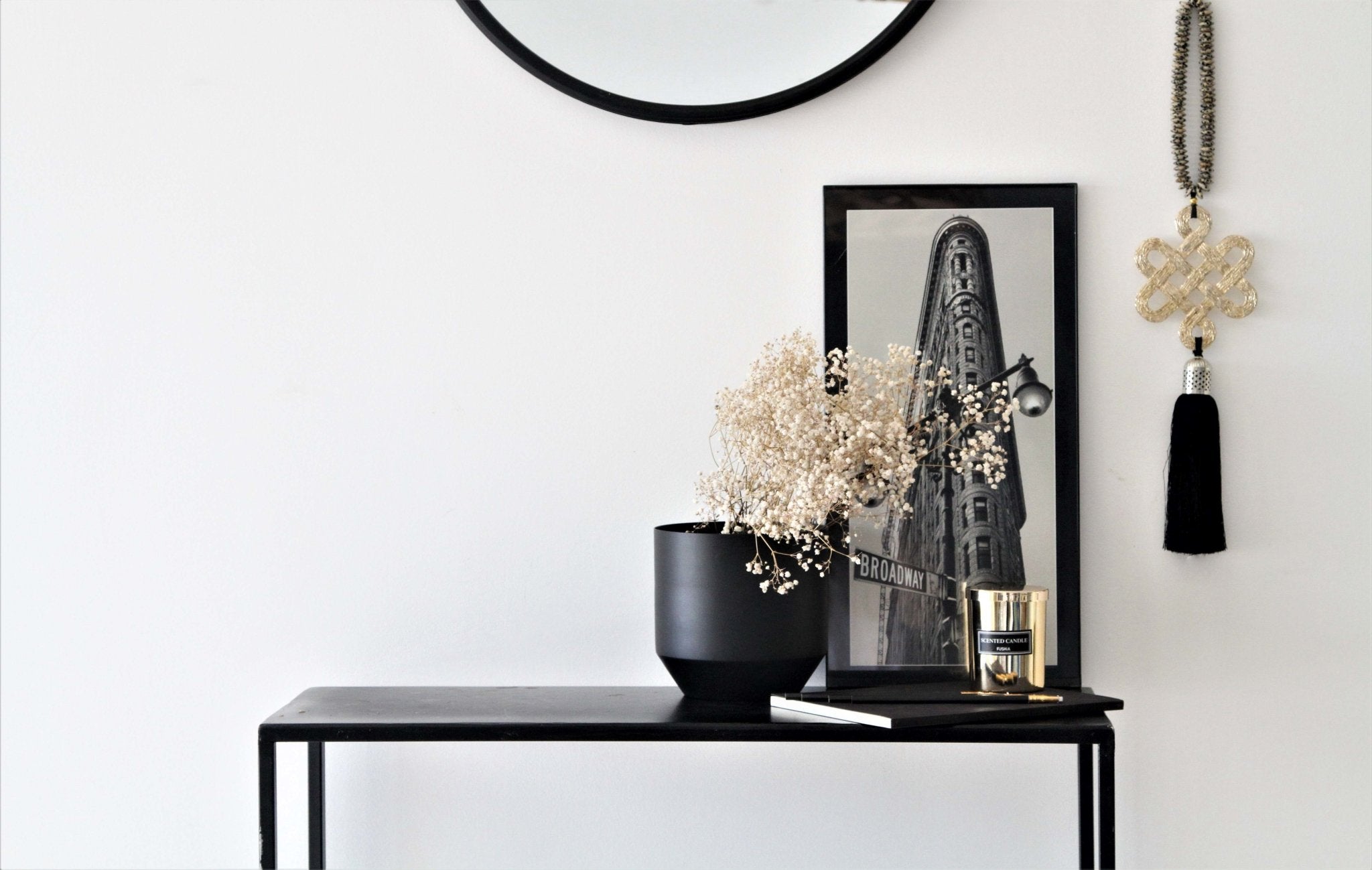 Gold Endless Love Knot with Dalmatian Jasper stones string & Black silk tassel - stylish luck home decor