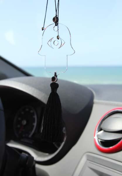 Clear Transparent Hamsa charm for car - with Black tassel - stylish luck home decor