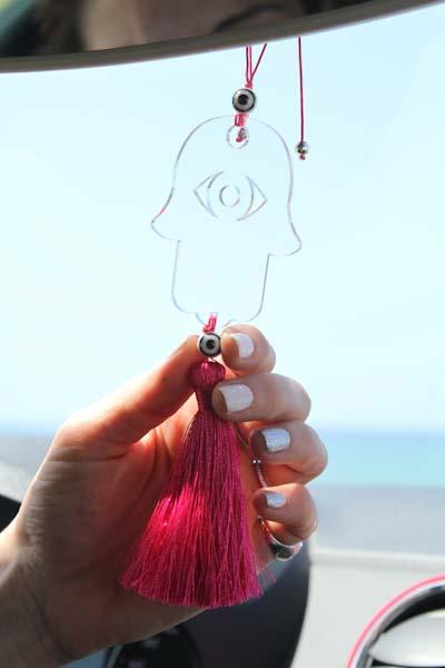 Clear Transparent Hamsa charm for car - with Fuchsia tassel - stylish luck home decor