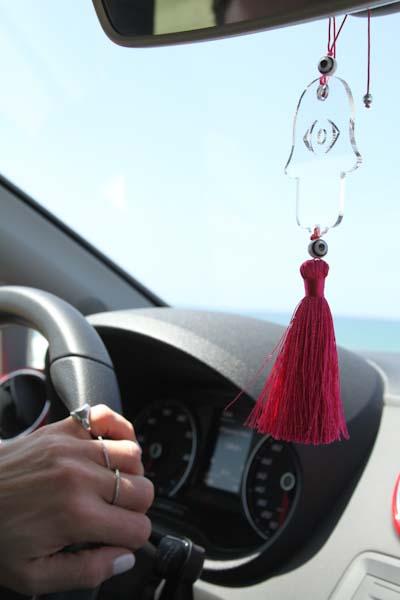 Clear Transparent Hamsa charm for car - with Fuchsia tassel - stylish luck home decor