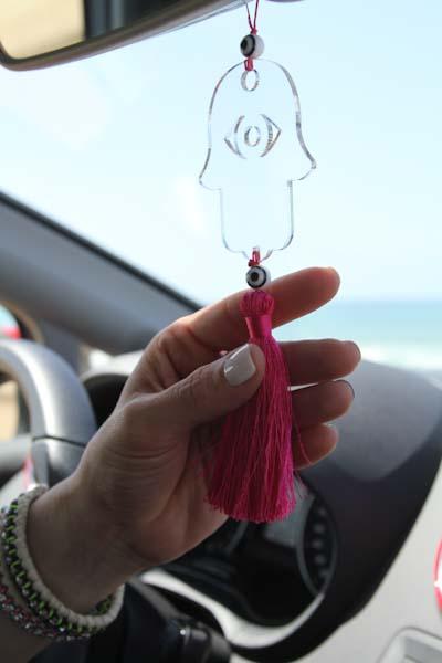 Clear Transparent Hamsa charm for car - with Fuchsia tassel - stylish luck home decor