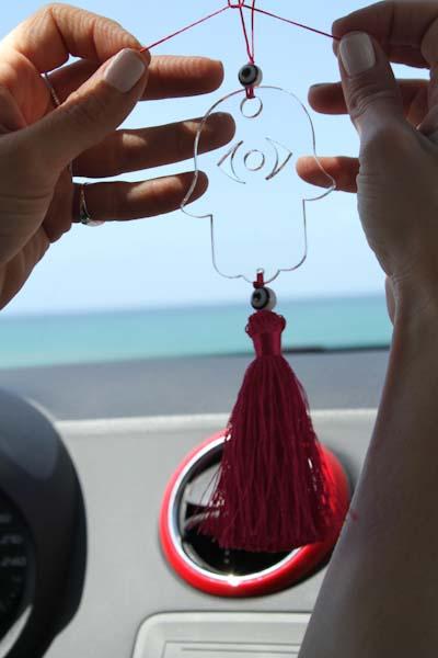 Clear Transparent Hamsa charm for car - with Fuchsia tassel - stylish luck home decor
