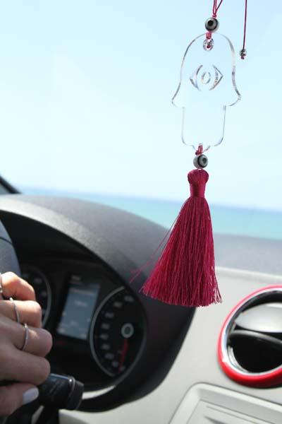 Clear Transparent Hamsa charm for car - with Fuchsia tassel - stylish luck home decor