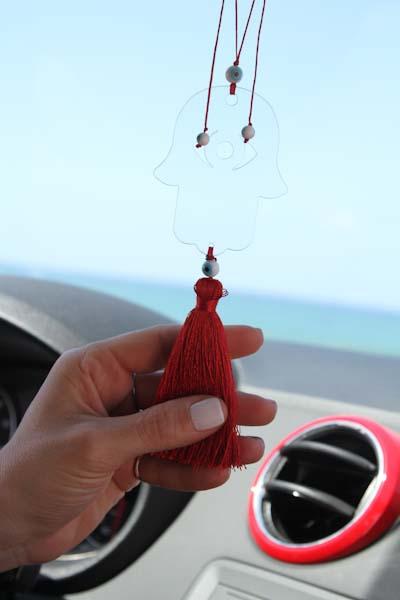 Clear acrylic car charm Hamsa Hanging with white tassel - stylish luck home decor תליון רכב • תליון רכב חמסה • חמסה לרכב • שמירה לרכב • תליון לרכב מעוצב • עין לרכב • סמלי מזל • מתנה לרכב חדש • מתנה לנהג חדש • Stylish Luck • מיוצר בישראל