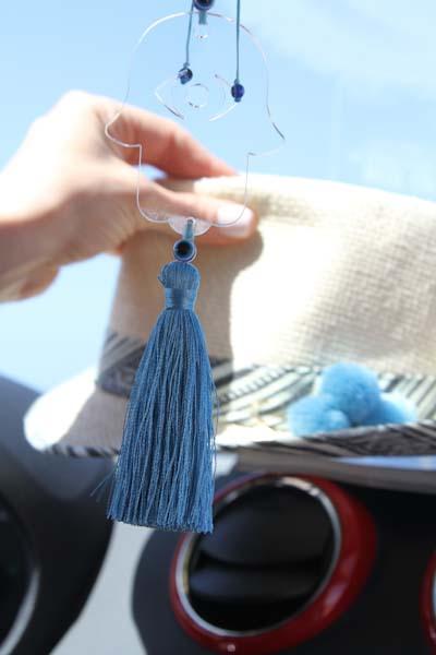 Clear Transparent Hamsa charm for car - with Turquoise tassel - Stylish Luck Home Decor