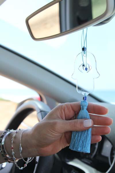 Clear Transparent Hamsa charm for car - with Turquoise tassel - Stylish Luck Home Decor