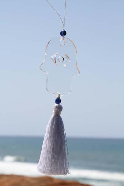 Clear acrylic car charm Hamsa Hanging with white tassel - stylish luck home decor