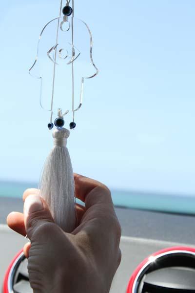 Clear acrylic car charm Hamsa Hanging with white tassel - stylish luck home decor