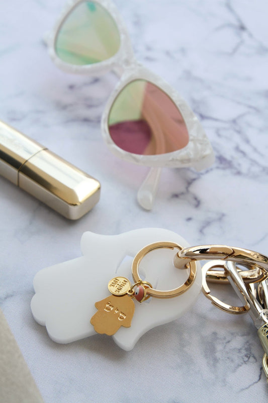 White Acrylic Hamsa with Gold plated key holder & Hamsa with evil eye with kabbalah name - stylish luck home decor
