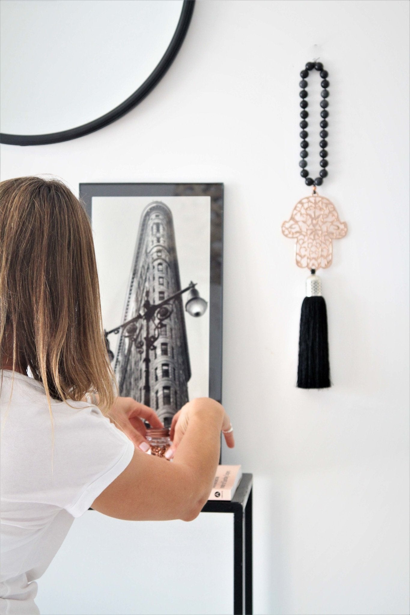 Hamsa Rose gold with black Onyx stones and black silk tassel - stylish luck home decor