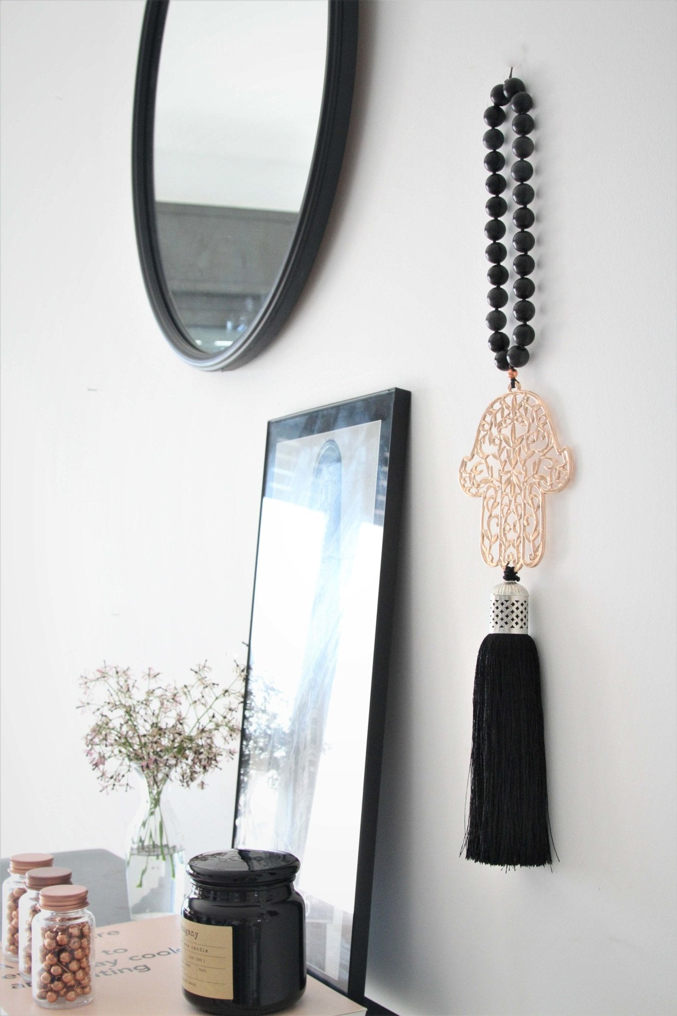 Hamsa Rose gold with black Onyx stones and black silk tassel - stylish luck home decor