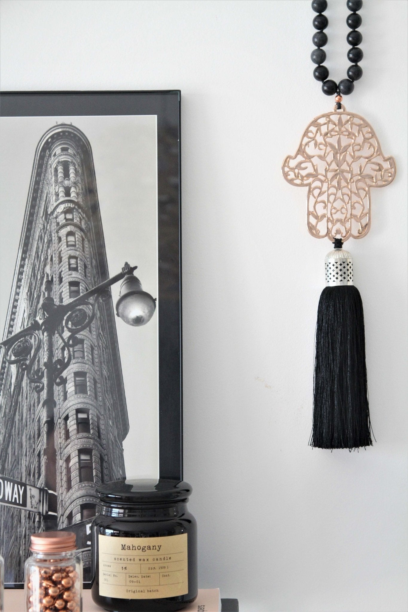 Hamsa Rose gold with black Onyx stones and black silk tassel - stylish luck home decor