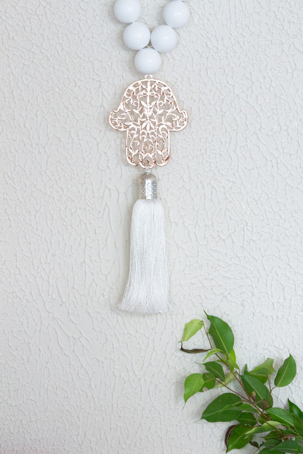Hamsa white wood Beads Wall Décor with white Silk Tassel - Stylish Luck Home Decor | Hamsa \ Hand Of Fatima | Good Luck Gifts