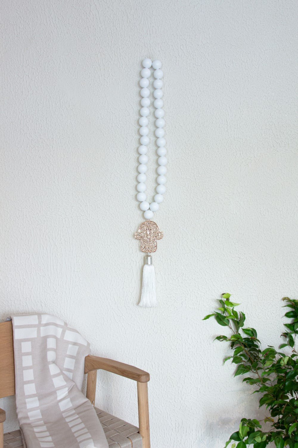 Hamsa white wood Beads Wall Dรฉcor with white Silk Tassel - Stylish Luck Home Decor | Hamsa \ Hand Of Fatima | Good Luck Gifts