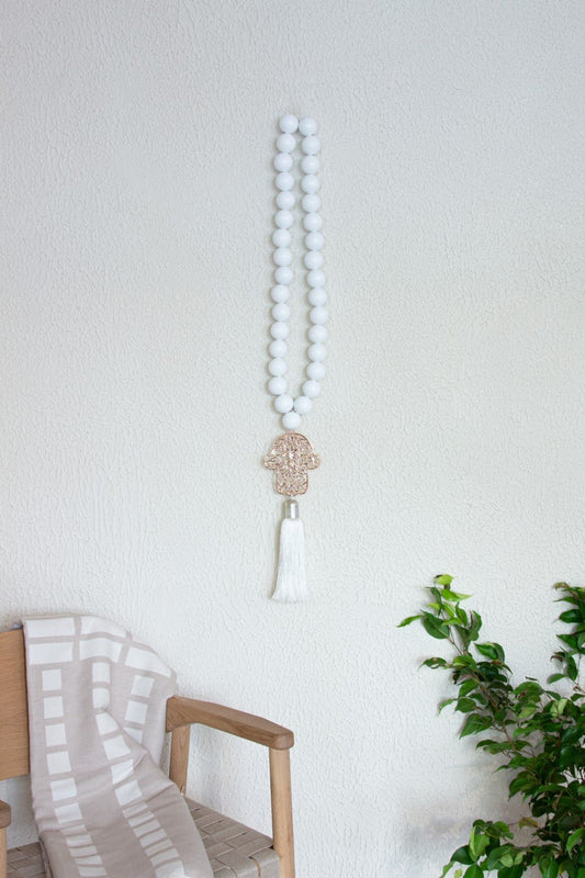 Hamsa white wood Beads Wall Décor with white Silk Tassel - Stylish Luck Home Decor | Hamsa \ Hand Of Fatima | Good Luck Gifts