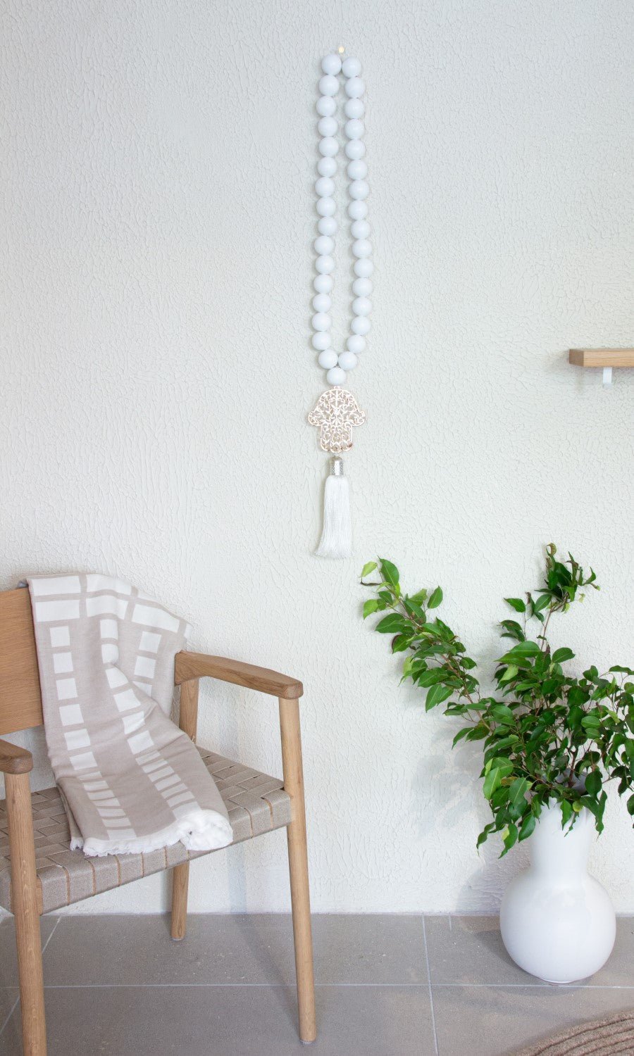 Hamsa white wood Beads Wall Dรฉcor with white Silk Tassel - Stylish Luck Home Decor | Hamsa \ Hand Of Fatima | Good Luck Gifts