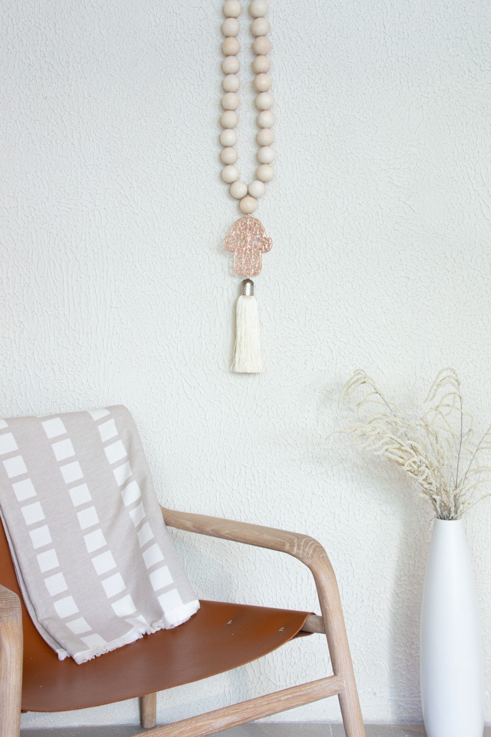 Rose gold Hamsa wood Beads Wall Dรฉcor with cream Silk Tassel - Stylish Luck Home Decor | Hamsa \ Hand Of Fatima | Good Luck Gifts