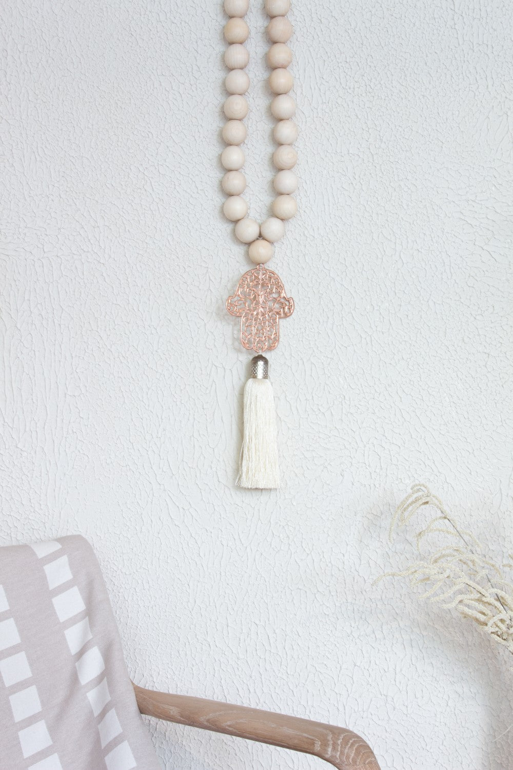 Rose gold Hamsa wood Beads Wall Dรฉcor with cream Silk Tassel - Stylish Luck Home Decor | Hamsa \ Hand Of Fatima | Good Luck Gifts