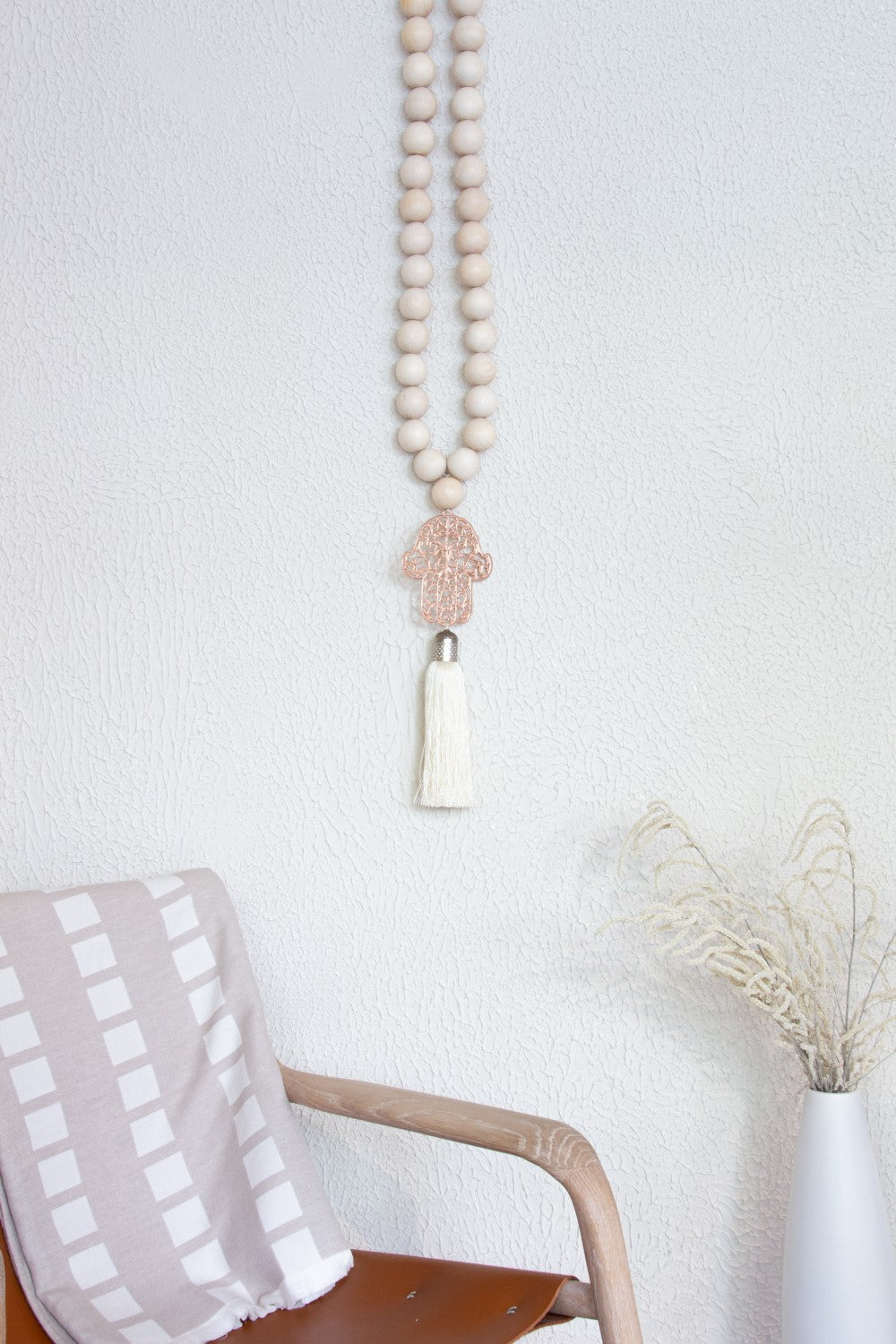 Rose gold Hamsa wood Beads Wall Décor with cream Silk Tassel - Stylish Luck Home Decor | Hamsa \ Hand Of Fatima | Good Luck Gifts