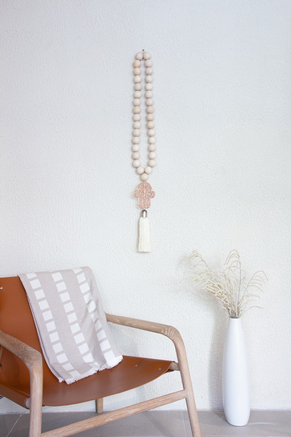 Rose gold Hamsa wood Beads Wall Décor with cream Silk Tassel - Stylish Luck Home Decor | Hamsa \ Hand Of Fatima | Good Luck Gifts