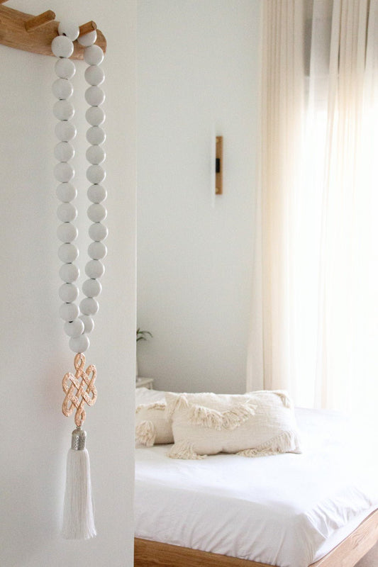 White wood Beads Wall Décor with Endless Love Metal Charm and Silk Tassel - Stylish Luck Home Decor | Hamsa \ Hand Of Fatima | Good Luck Gifts