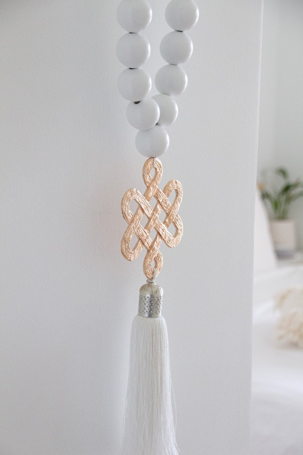 White wood Beads Wall Décor with Endless Love Metal Charm and Silk Tassel - Stylish Luck Home Decor | Hamsa \ Hand Of Fatima | Good Luck Gifts